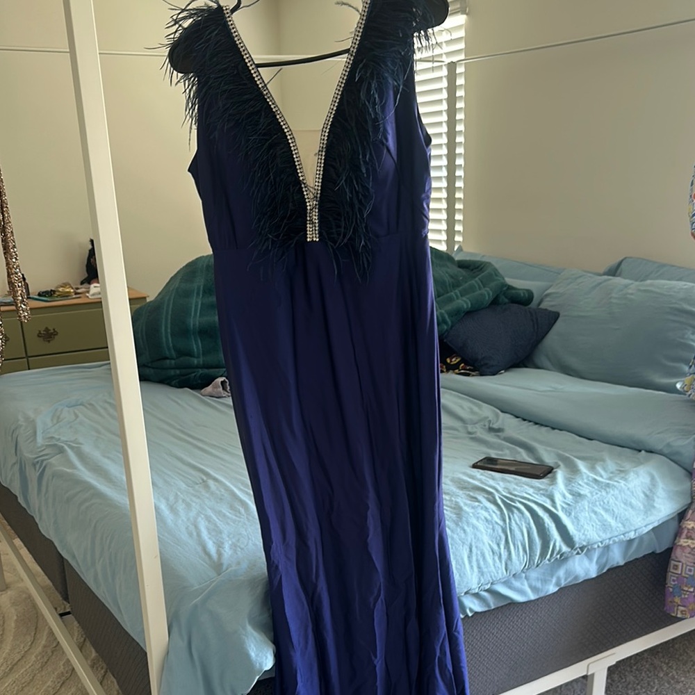 Elegant Blue Gown with Feather Trim